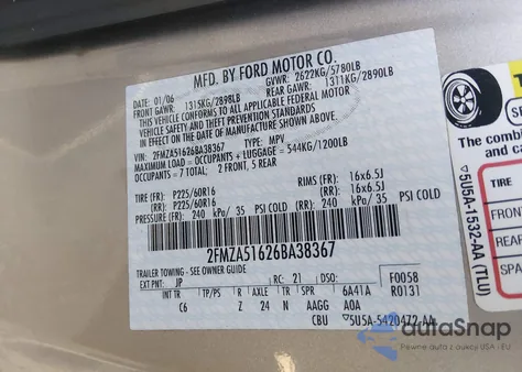 2006 Ford Freestar Se z USA, uszkodzony, nr VIN 2FMZA51626BA38367